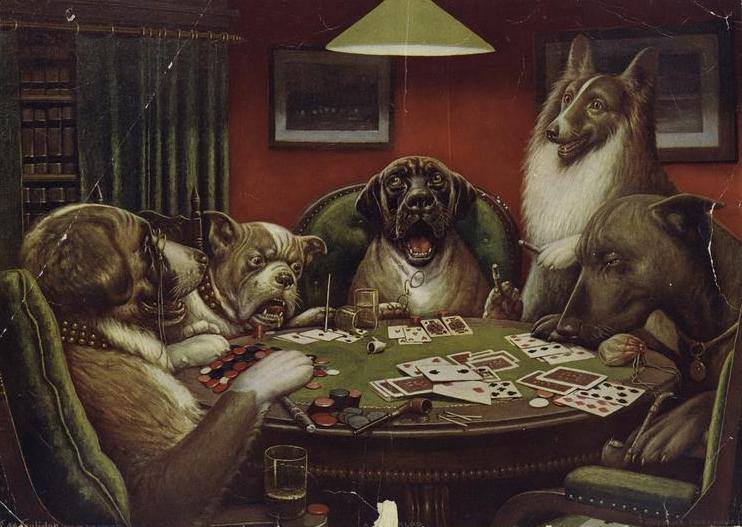 "Poker Game" is one of 16 oil paintings painted by Cassius Marcellus Coolidge, dogs, purebred dogs, dogs in art